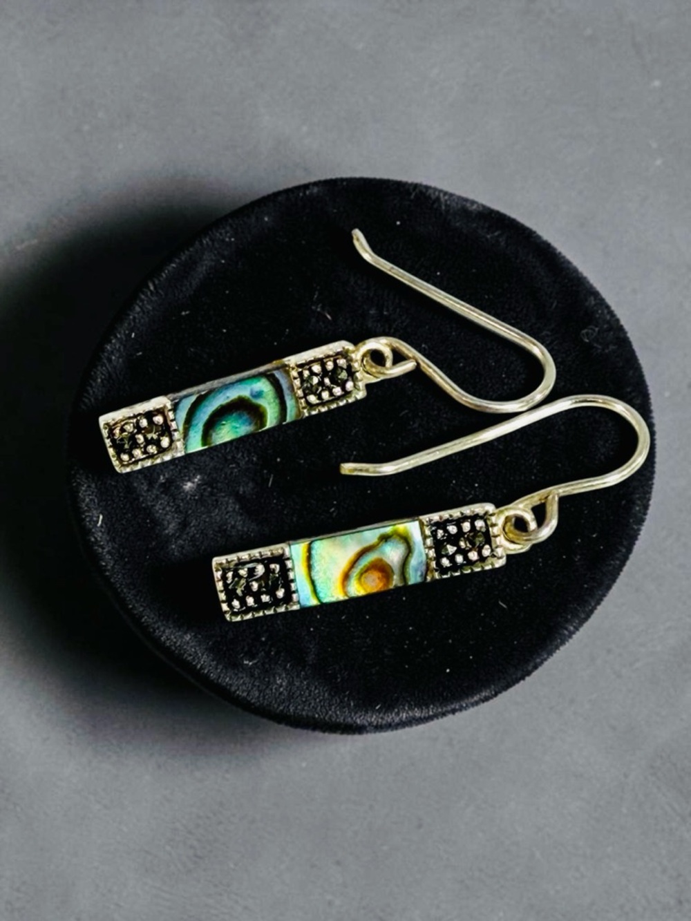 Sterling Silver Abalone Inlay Marcasite Accent Hook Earrings Dangle Drop Signed
